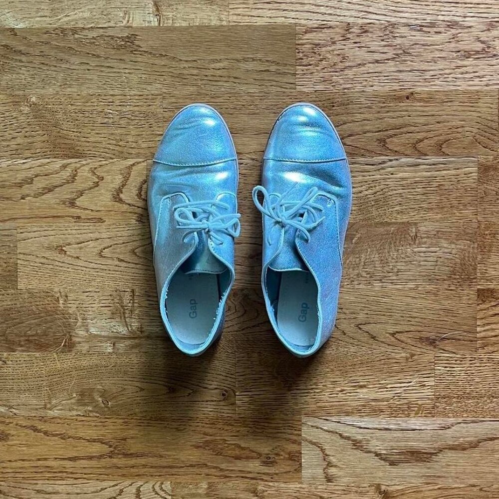 gap kids silver oxford shoe flat lace up faux leather y4 tap cap toe ballet jazz
